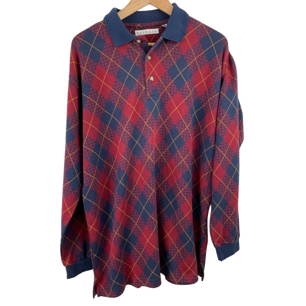 Tribute Mens SIze Large Long Sleeve Collared Polo Shirt Argyle Design Blue Red